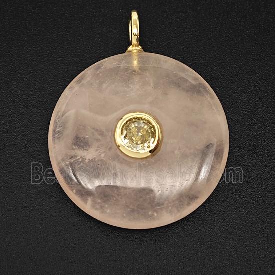 Natural Pink Rose Quartz Coin Pendant Pave Zirconia