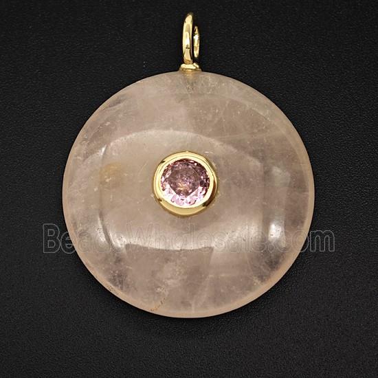 Natural Pink Rose Quartz Coin Pendant Pave Zirconia