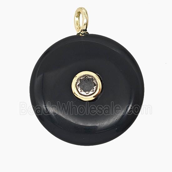 Natural Black Obsidian Coin Pendant Pave Zirconia