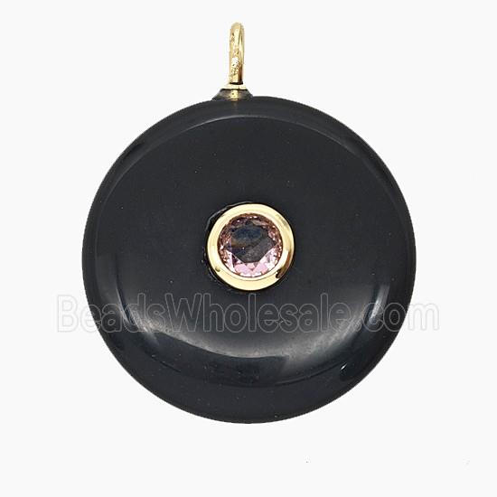 Natural Black Obsidian Coin Pendant Pave Zirconia