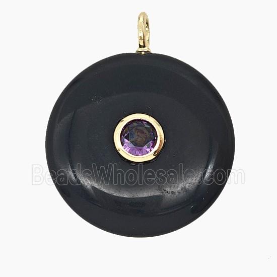 Natural Black Obsidian Coin Pendant Pave Zirconia