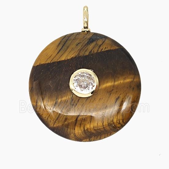 Natural Tiger Eye Stone Coin Pendant Pave Zirconia