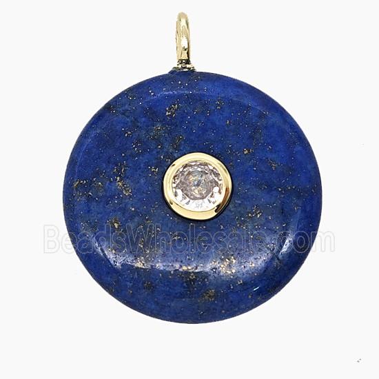 Natural Blue Lapis Lazuli Coin Pendant Pave Zirconia