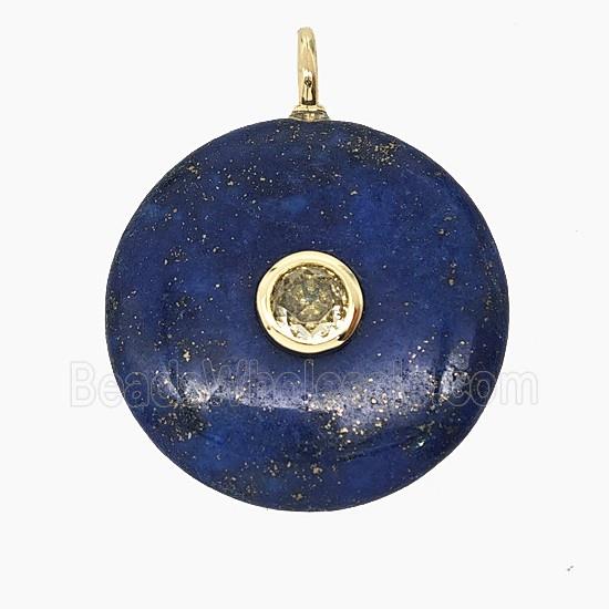 Natural Blue Lapis Lazuli Coin Pendant Pave Zirconia