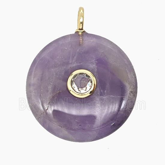 Natural Purple Amethyst Coin Pendant Pave Zirconia