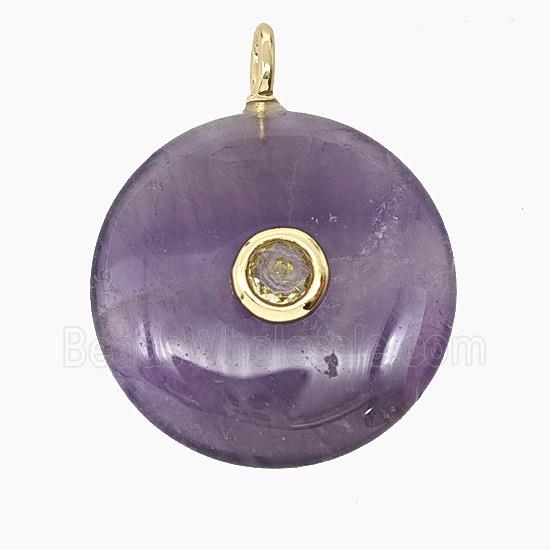 Natural Purple Amethyst Coin Pendant Pave Zirconia