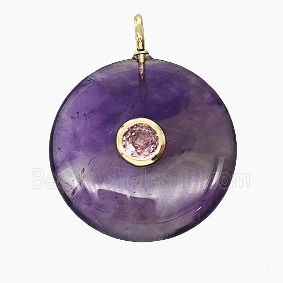 Natural Purple Amethyst Coin Pendant Pave Zirconia
