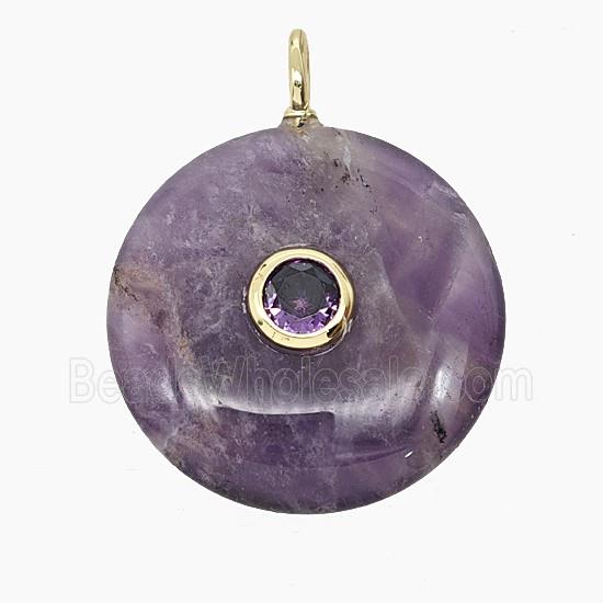 Natural Purple Amethyst Coin Pendant Pave Zirconia
