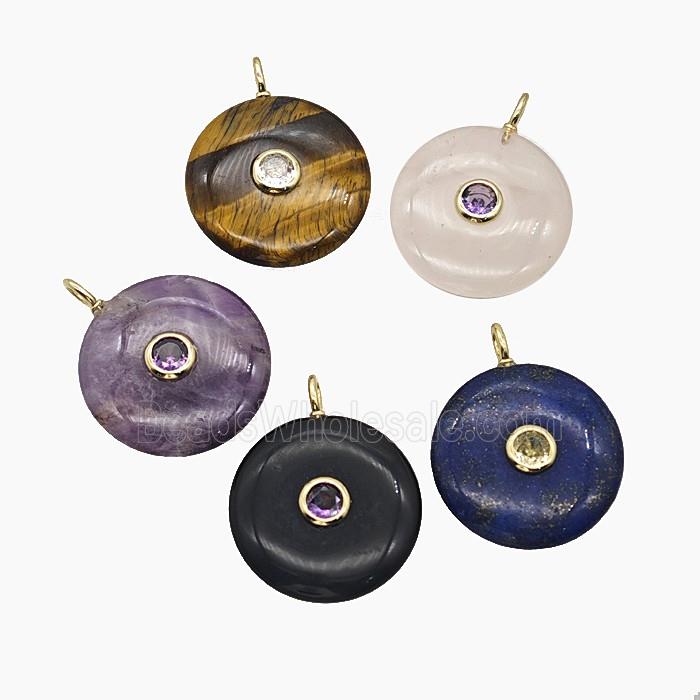 Natural Gemstone Coin Pendant Pave Zirconia Mix