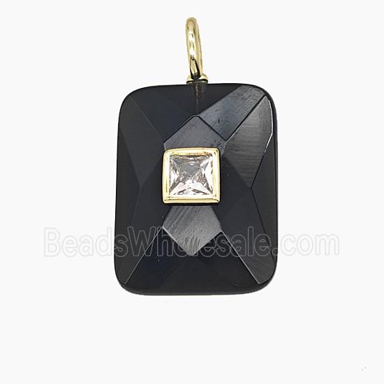 Natural Black Obsidian Rectangle Pendant Pave Zirconia Faceted