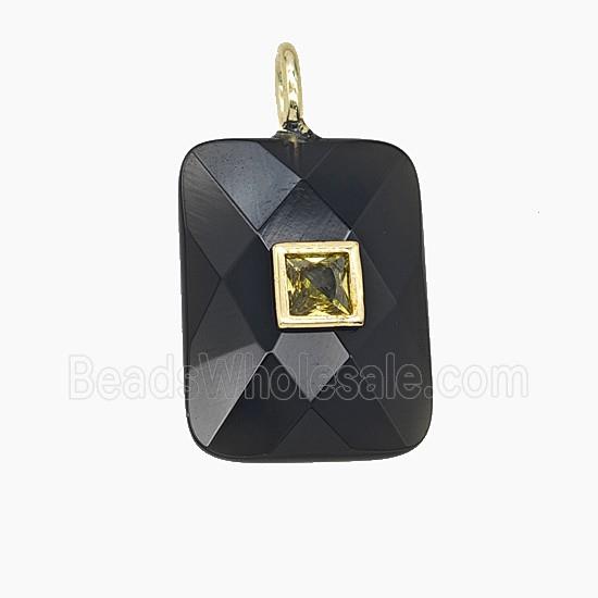 Natural Black Obsidian Rectangle Pendant Pave Zirconia Faceted