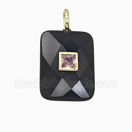 Natural Black Obsidian Rectangle Pendant Pave Zirconia Faceted