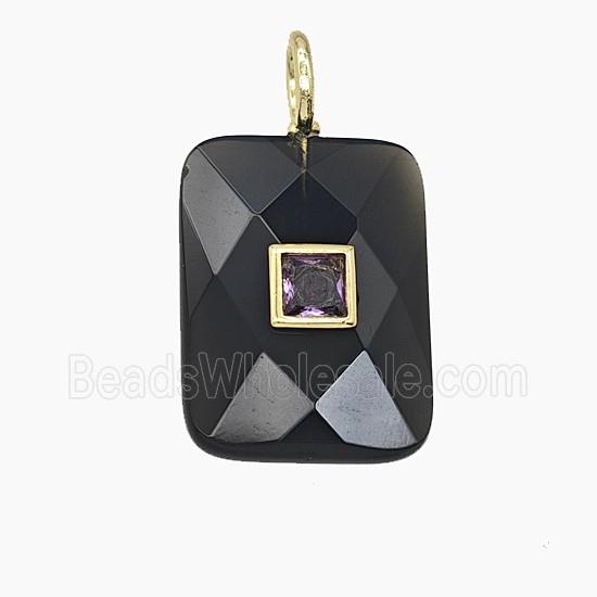 Natural Black Obsidian Rectangle Pendant Pave Zirconia Faceted