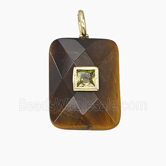 Natural Tiger Eye Stone Rectangle Pendant Pave Zirconia