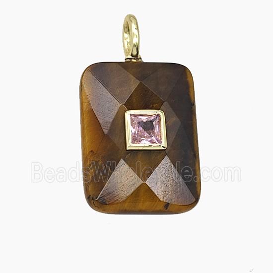 Natural Tiger Eye Stone Rectangle Pendant Pave Zirconia