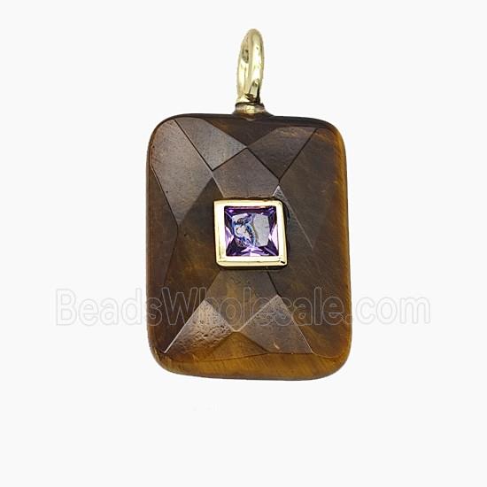 Natural Tiger Eye Stone Rectangle Pendant Pave Zirconia