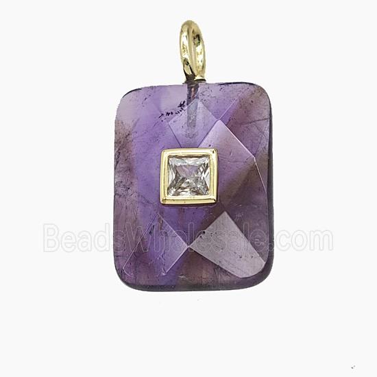 Natural Purple Amethyst Rectangle Pendant Pave Zirconia
