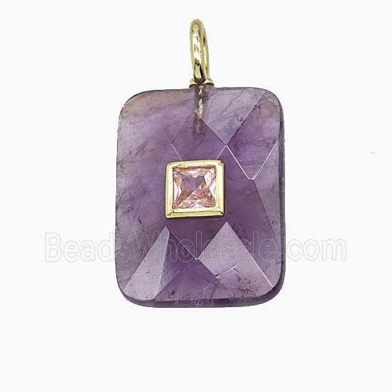 Natural Purple Amethyst Rectangle Pendant Pave Zirconia