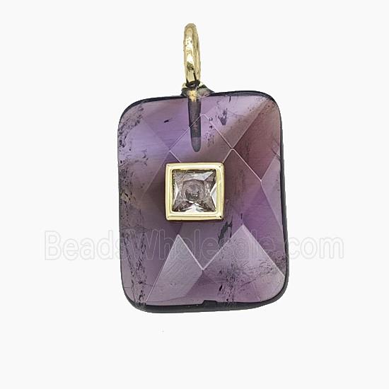 Natural Purple Amethyst Rectangle Pendant Pave Zirconia