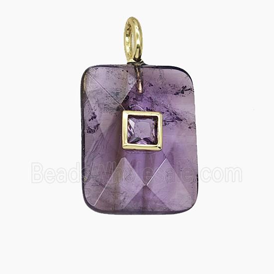 Natural Purple Amethyst Rectangle Pendant Pave Zirconia