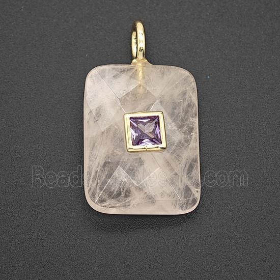 Natural Rose Quartz Rectangle Pendant Pave Zirconia