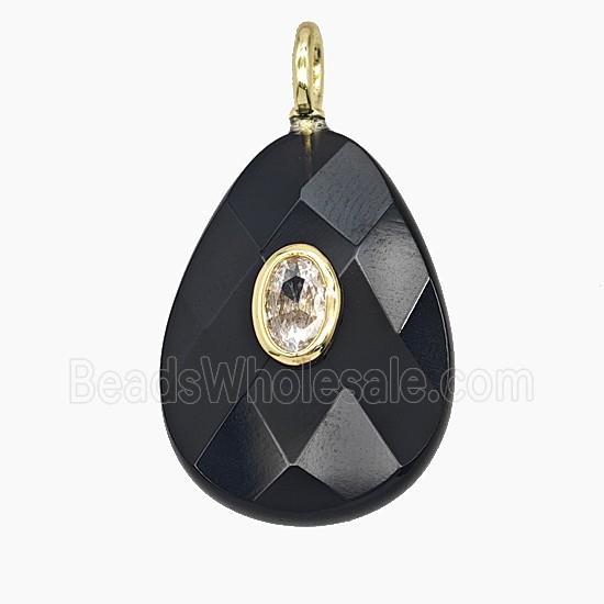 Natural Black Obsidian Teardrop Pendant Pave Zirconia Faceted