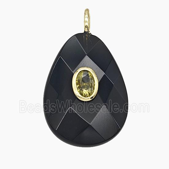 Natural Black Obsidian Teardrop Pendant Pave Zirconia Faceted