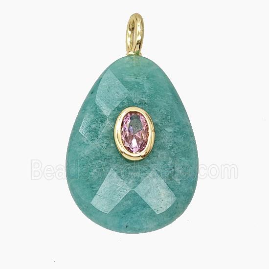 Natural Green Amazonite Teardrop Pendant Pave Zirconia Faceted