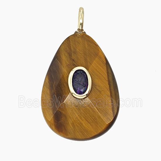 Natural Tiger Eye Stone Teardrop Pendant Pave Zirconia Faceted