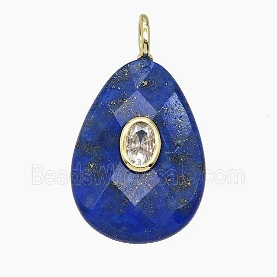 Natural Blue Lapis Lazuli Teardrop Pendant Pave Zirconia Faceted