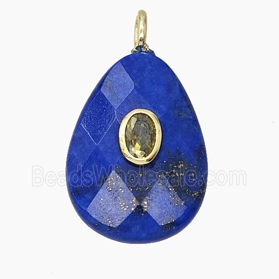 Natural Blue Lapis Lazuli Teardrop Pendant Pave Zirconia Faceted