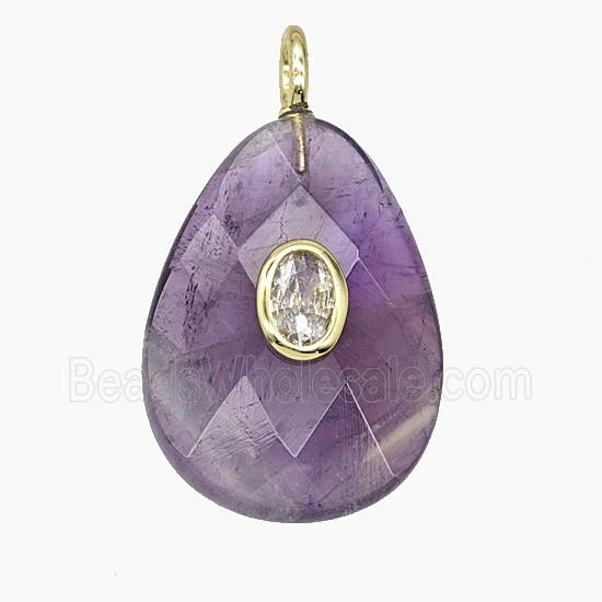 Natural Purple Amethyst Teardrop Pendant Pave Zirconia Faceted