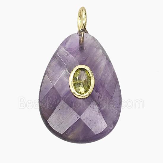 Natural Purple Amethyst Teardrop Pendant Pave Zirconia Faceted