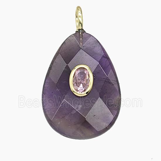 Natural Purple Amethyst Teardrop Pendant Pave Zirconia Faceted