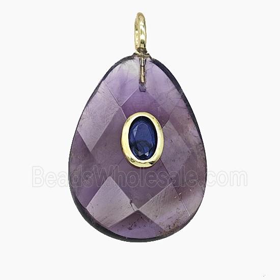 Natural Purple Amethyst Teardrop Pendant Pave Zirconia Faceted