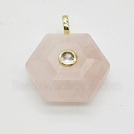 Natural Pink Rose Quartz Hexagon Pendant Pave Zirconia