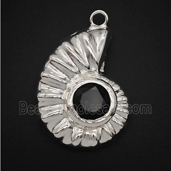 Copper Spiral Shell Pendant Pave Obsidian Hollow Shiny Silver