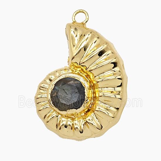 Copper Spiral Shell Pendant Pave Labradorite Hollow Gold Plated
