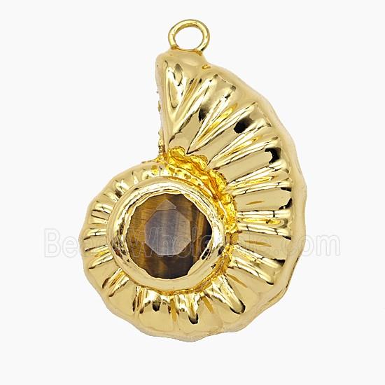 Copper Spiral Shell Pendant Pave Tigereye Hollow Gold Plated