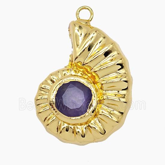 Copper Spiral Shell Pendant Pave Amethyst Hollow Gold Plated