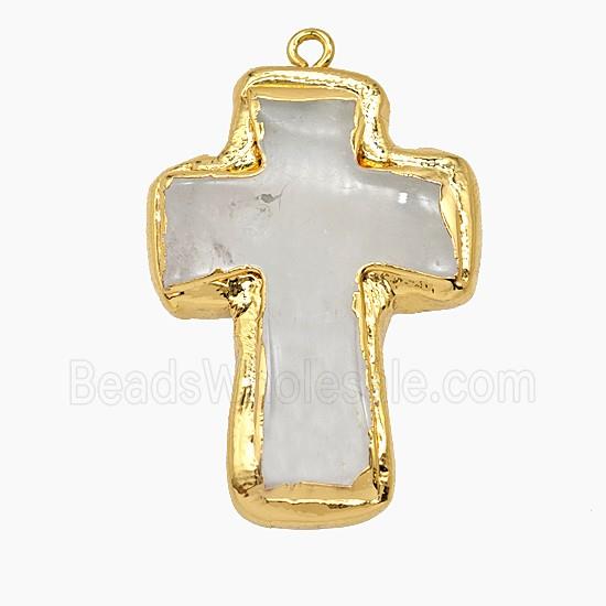 Natural Clear Quartz Cross Pendant Gold Plated