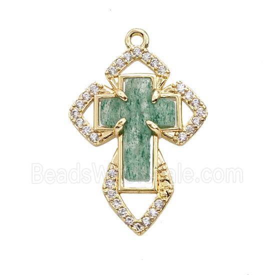 Copper Cross Pendant Pave Zirconia Strawberry Quartz Gold Plated