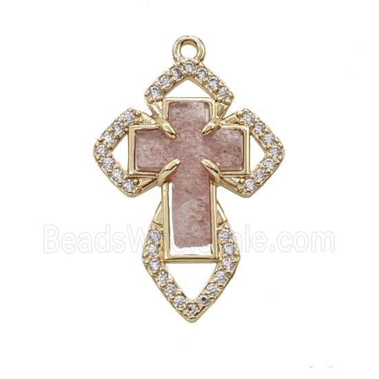 Copper Cross Pendant Pave Zirconia Strawberry Quartz Gold Plated