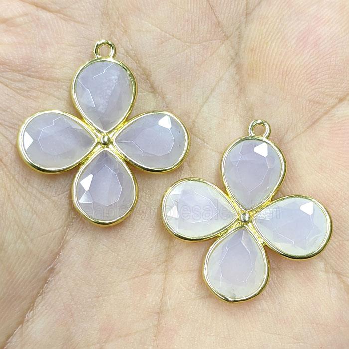 Lt.blue White Rose Quartz Clover Pendant Gold Plated