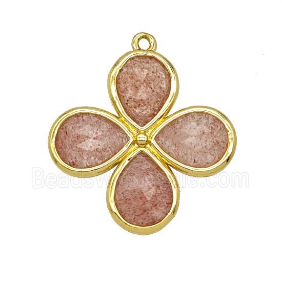 Natural Pink Strawberry Quartz Clover Pendant Gold Plated