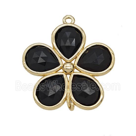 Natural Black Obsidian Flower Connector Gold Plated