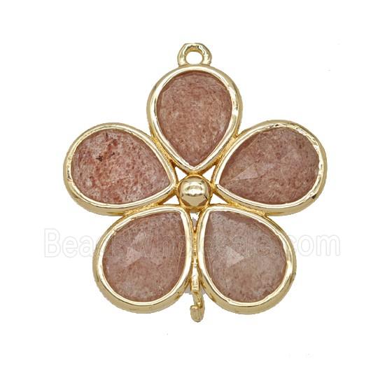 Natural Pink Strawberry Quartz Flower Connector Gold Plated