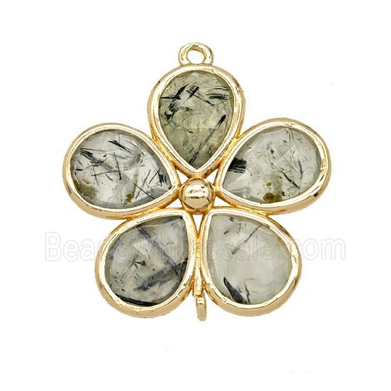 Natural Green Prehnite Flower Connector Gold Plated