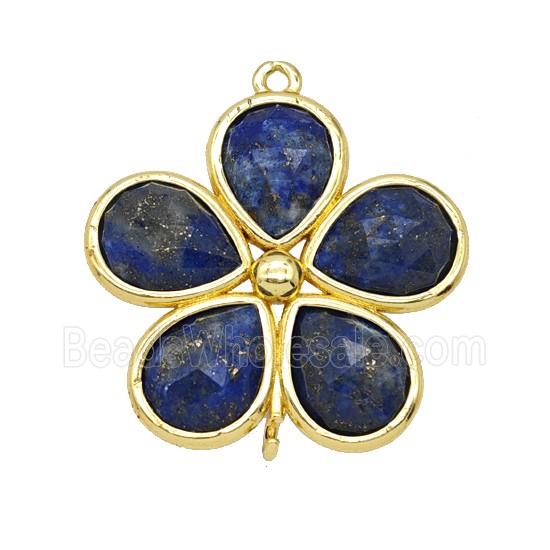 Natural Blue Lapis Lazuli Flower Connector Gold Plated