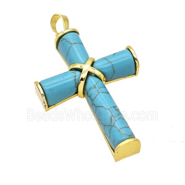 Natural Blue Howlite Turquoise Cross Pendant Alloy Gold Plated